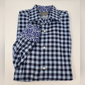 THOMAS DEAN BUTTON UP BLUE PLAID SHIRT TOP FLIP CUFFS BLUE PAISLEY MEN LARGE